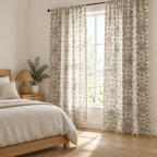 Botanical Bliss Tassel Curtain — full-length medallion print panels with tassel trim in a bright bedroom