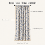 Blue rose floral curtain features: blue rose floral print, cream tassel trim, light-filtering fabric, sold as 1 panel 59 inches wide