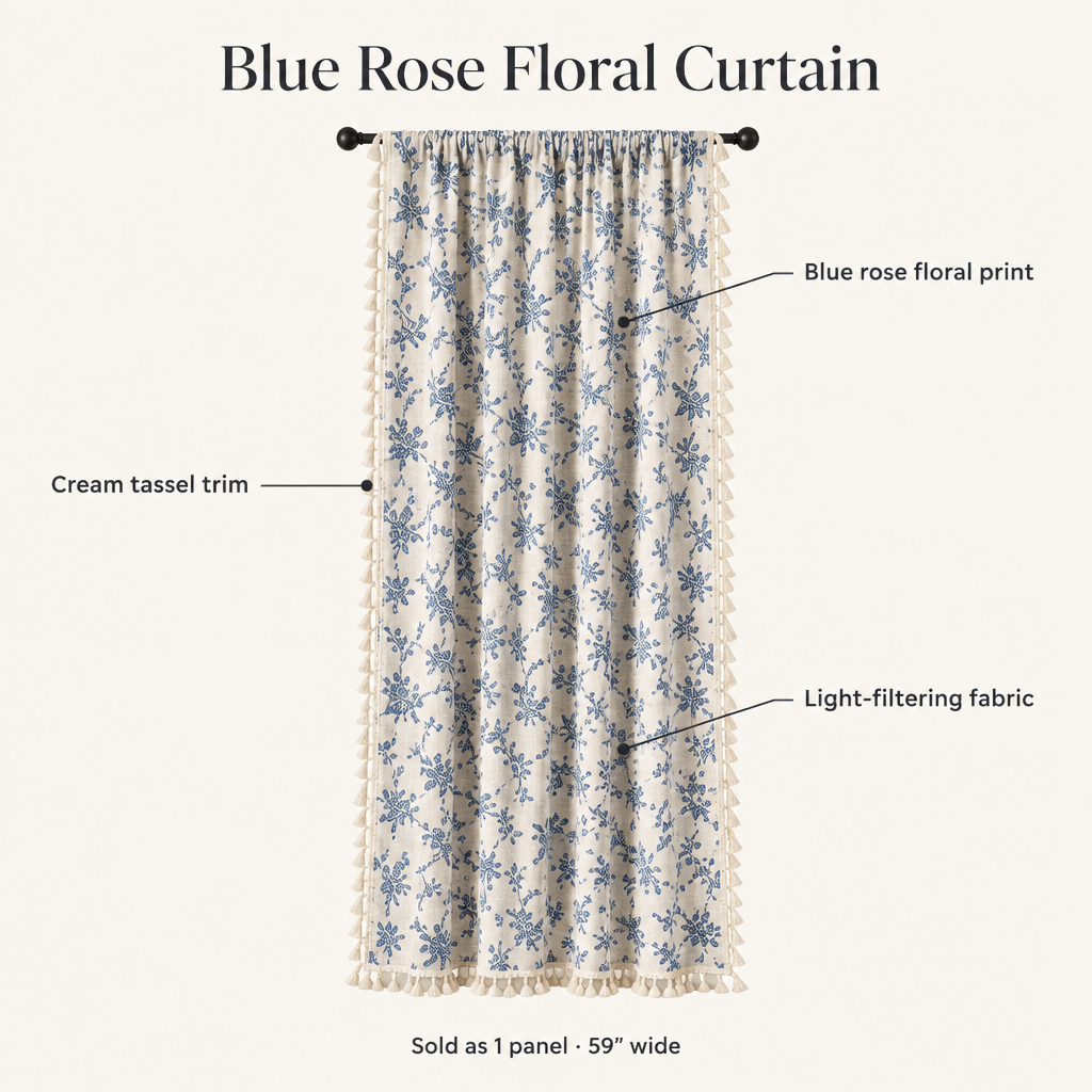 Blue rose floral curtain features: blue rose floral print, cream tassel trim, light-filtering fabric, sold as 1 panel 59 inches wide