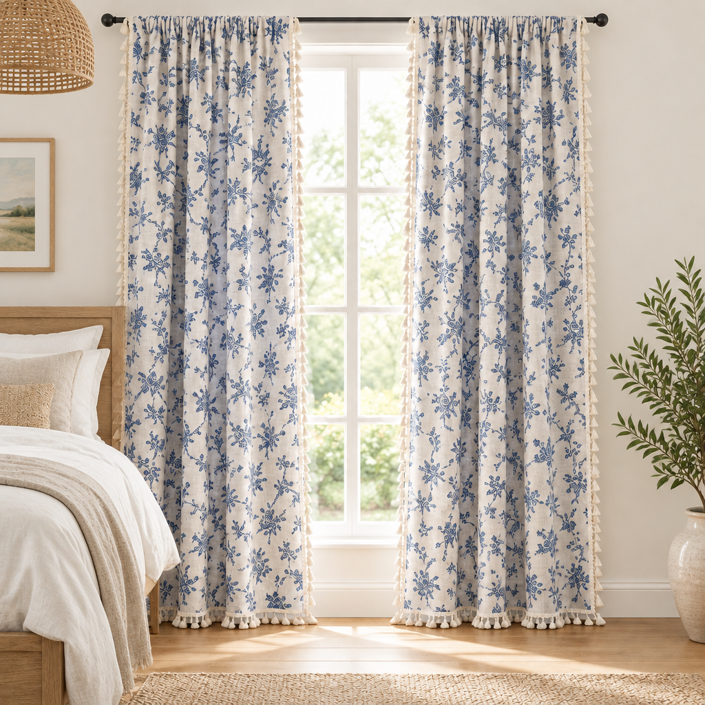 Blue rose floral curtains framing a bright bedroom window