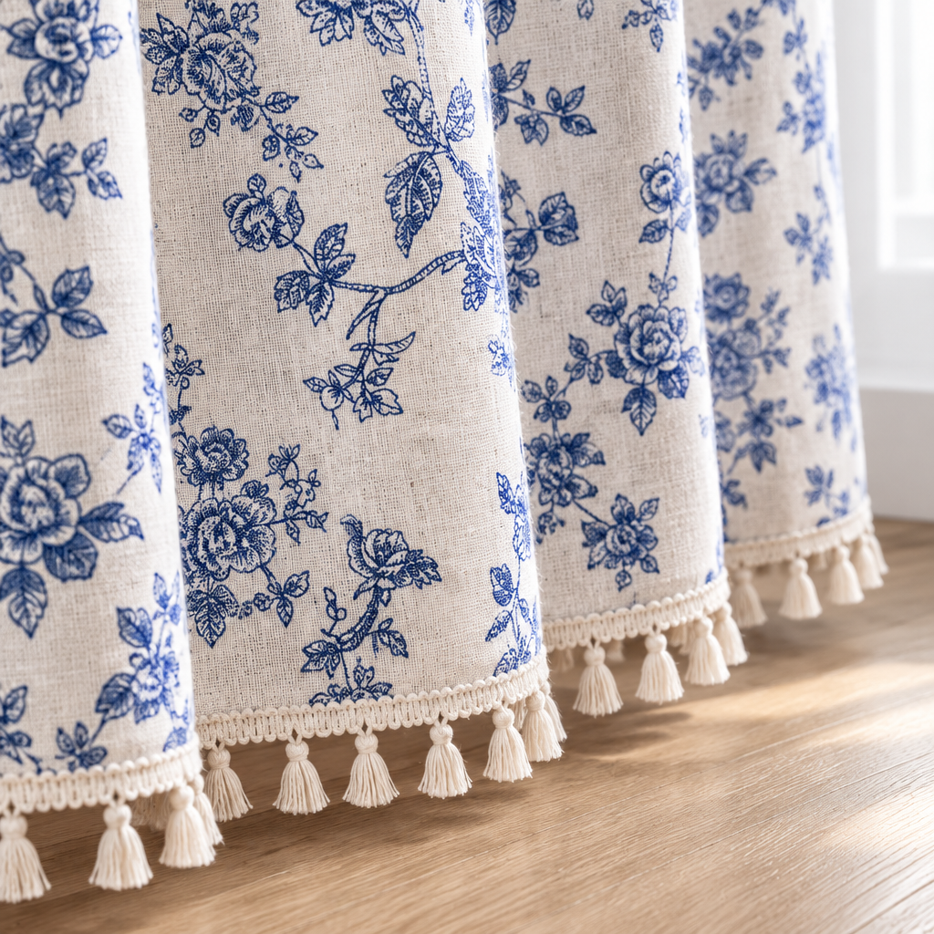 Hem of the blue rose floral curtain with cream tassel trim