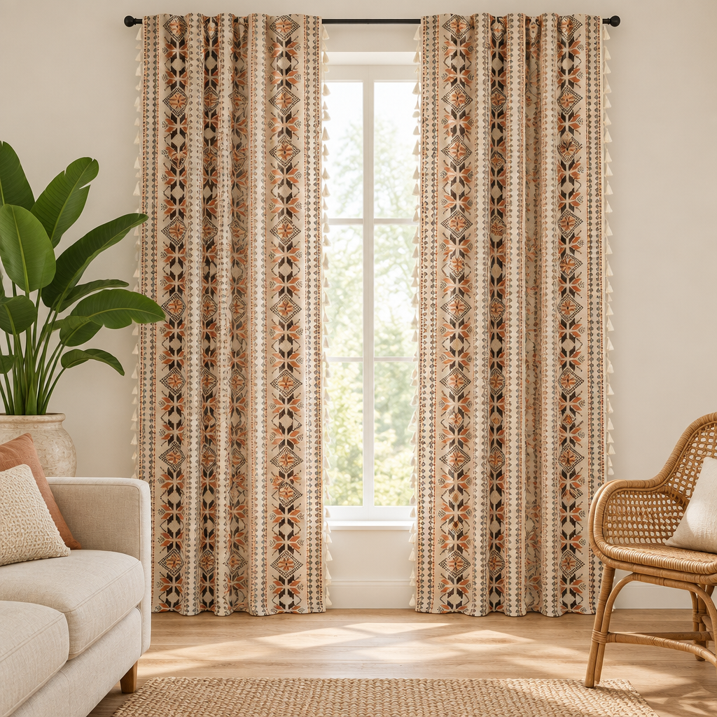 Bohemian geometric curtains, cream jacquard with terracotta and brown Aztec bands and tassel edge, framing a living room window