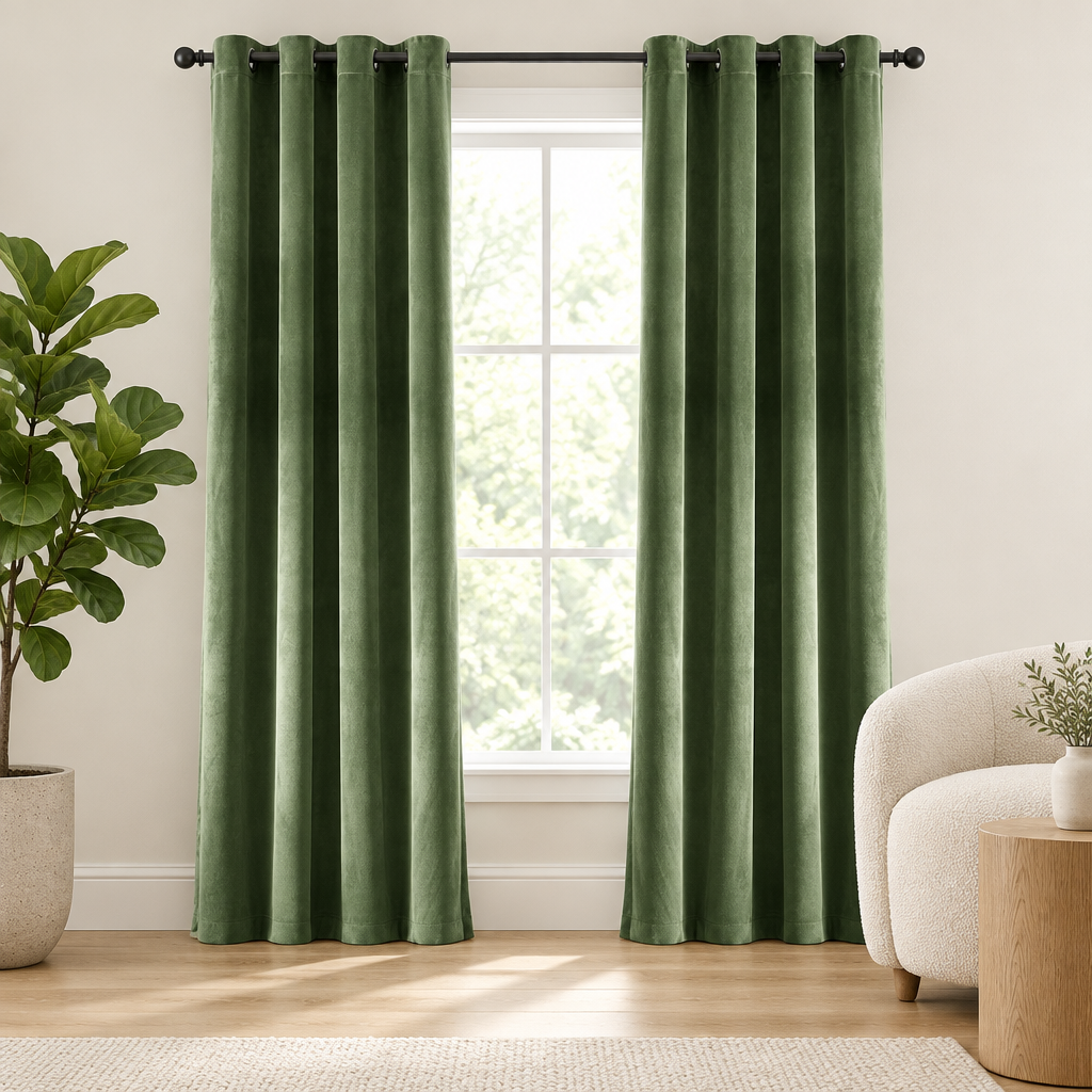 Elegant Soft Velvet Curtain Drapes in grass green, grommet top, framing a window in a bright living room