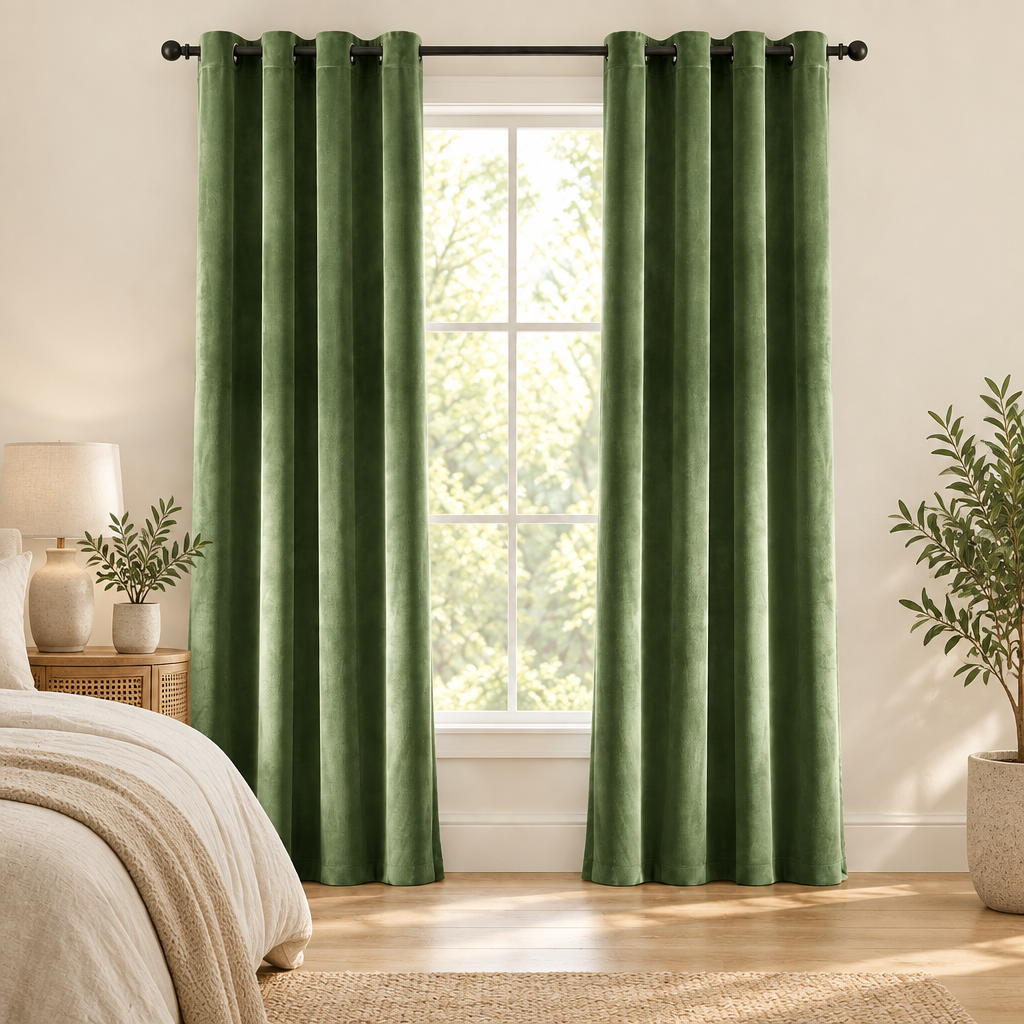Grass green soft velvet curtains softening daylight in a calm bedroom