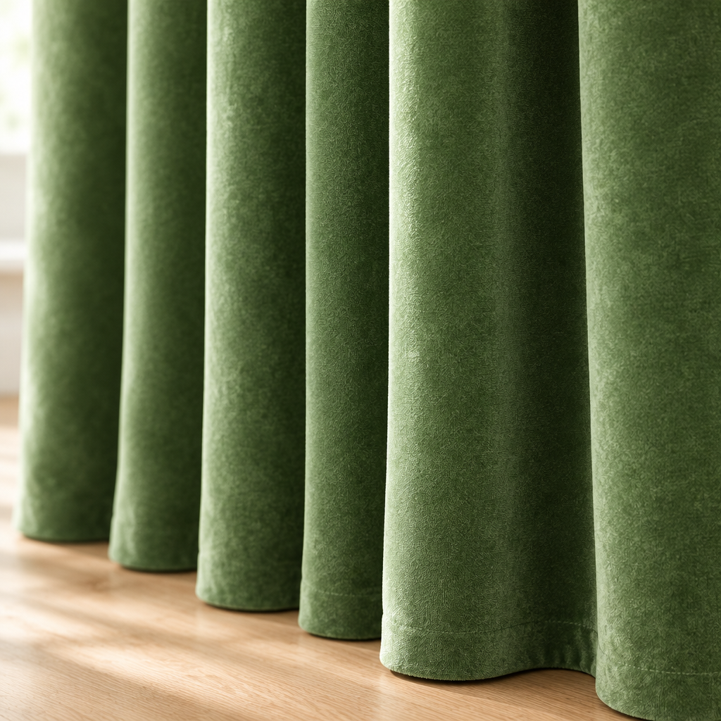 Close-up of the grass green soft velvet folds and brushed pile