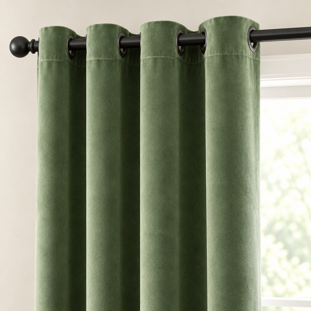 Close-up of the grommet top on the grass green velvet curtain threaded on a black rod