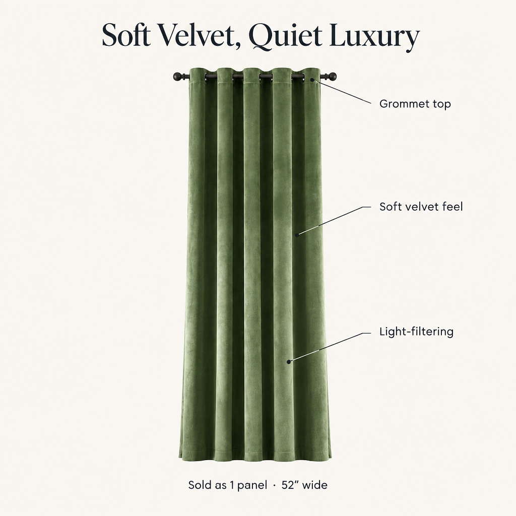 Elegant Soft Velvet Curtain Drapes features: grommet top, soft velvet feel, light-filtering, sold as 1 panel 52 inches wide