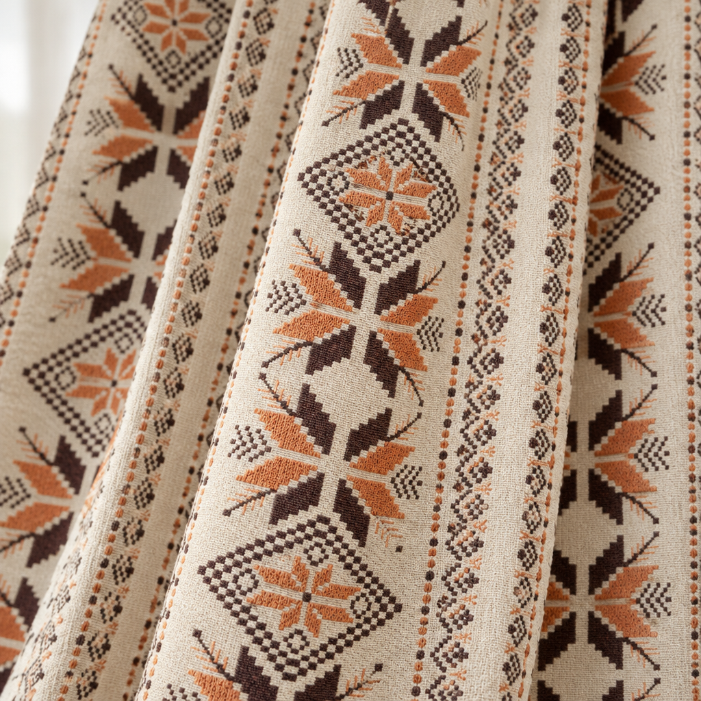 Close-up of terracotta and dark brown woven star and diamond motifs on cream jacquard
