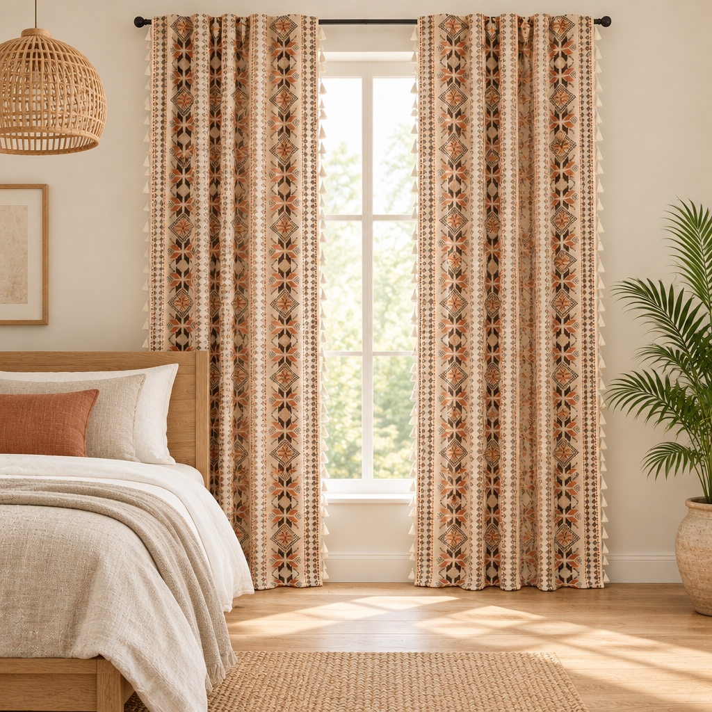 Bohemian geometric curtains framing a bright bedroom window
