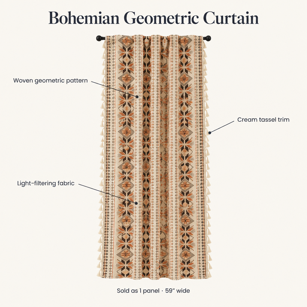 Bohemian geometric curtain features: woven geometric pattern, cream tassel trim, light-filtering fabric, sold as 1 panel 59 inches wide