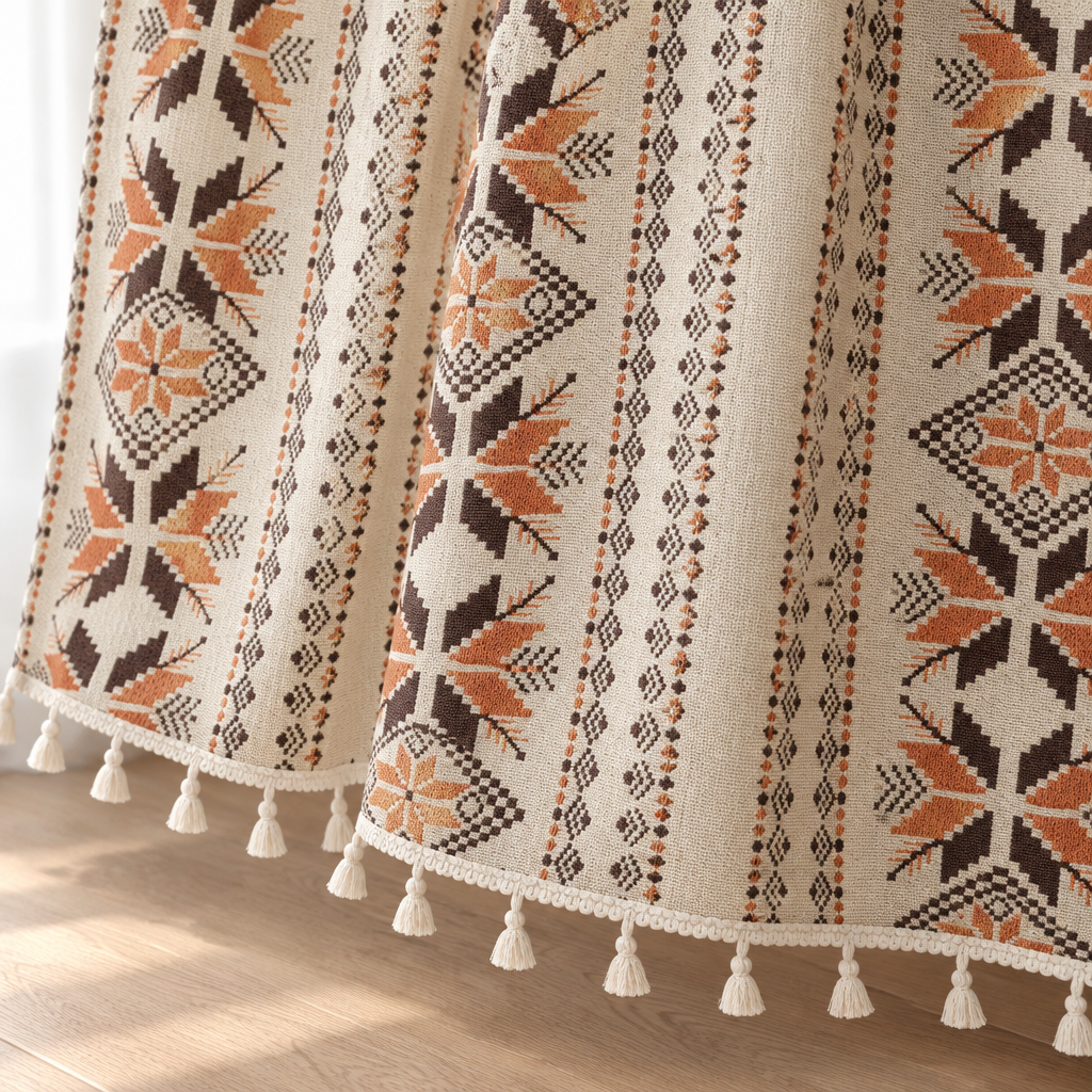 Hem of the bohemian geometric curtain with cream tassel trim