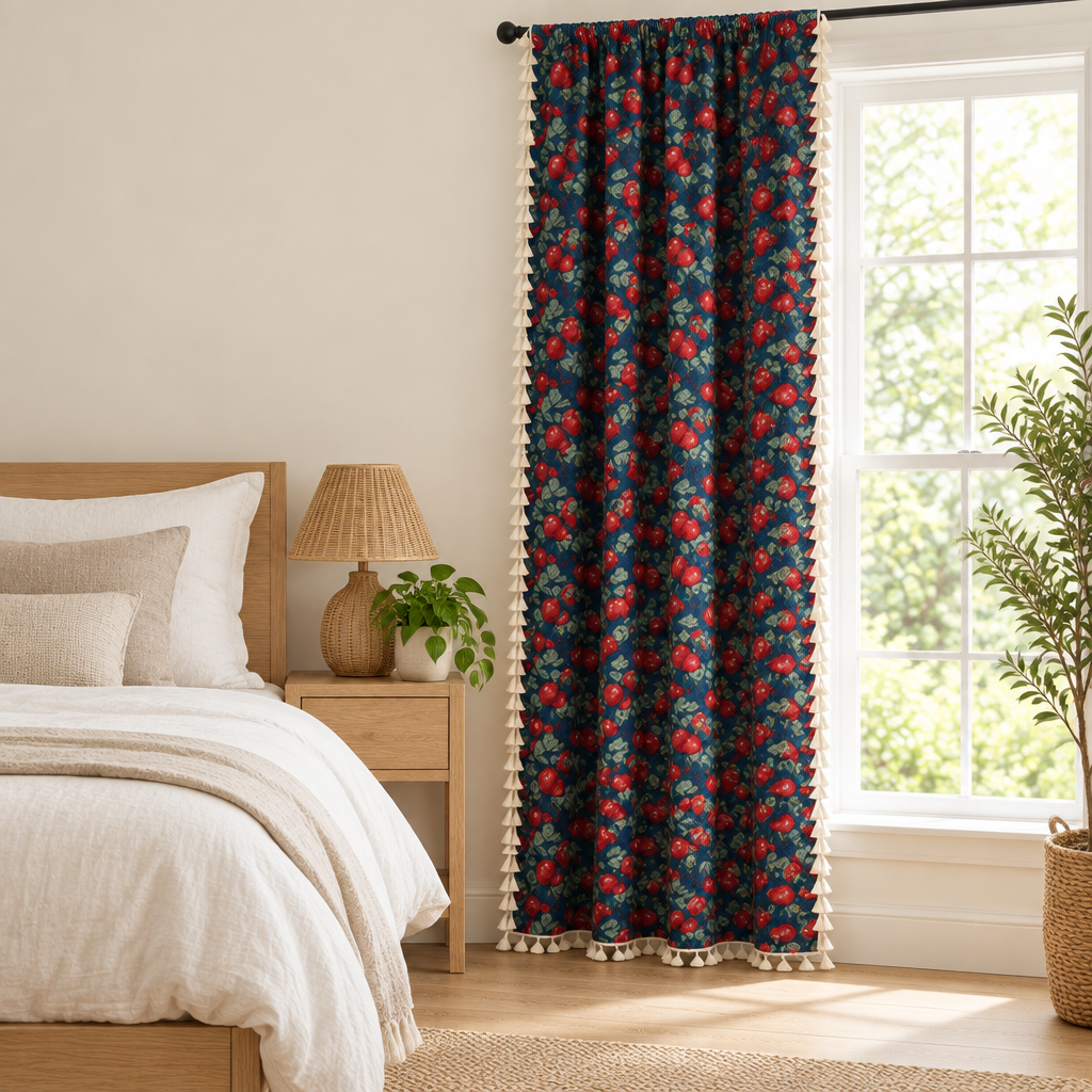 Cherry Bloom Botanical Tassel Curtain — full-length navy cherry-pattern panel with tassel trim in a bright bedroom