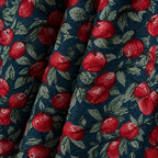 Cherry Bloom Botanical Tassel Curtain — close-up of woven red cherries and green leaves on navy jacquard