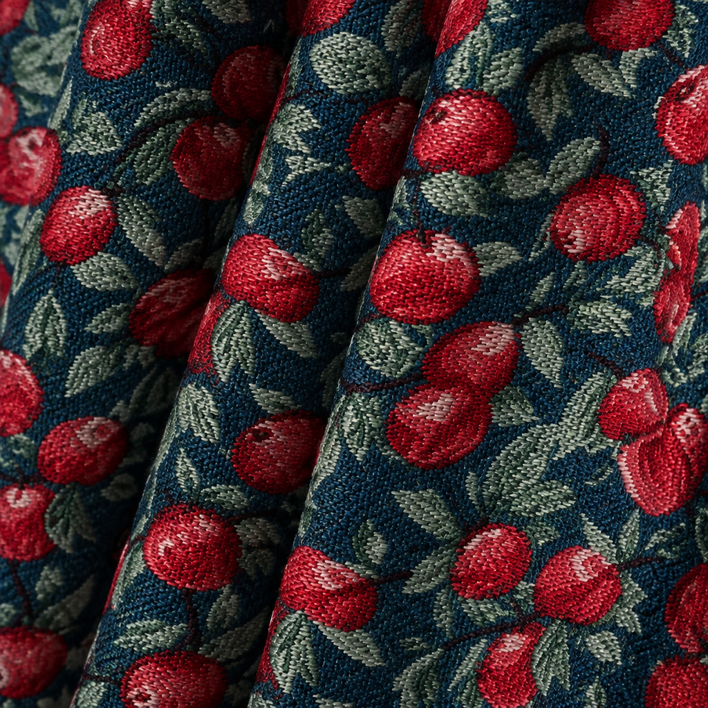 Cherry Bloom Botanical Tassel Curtain — close-up of woven red cherries and green leaves on navy jacquard