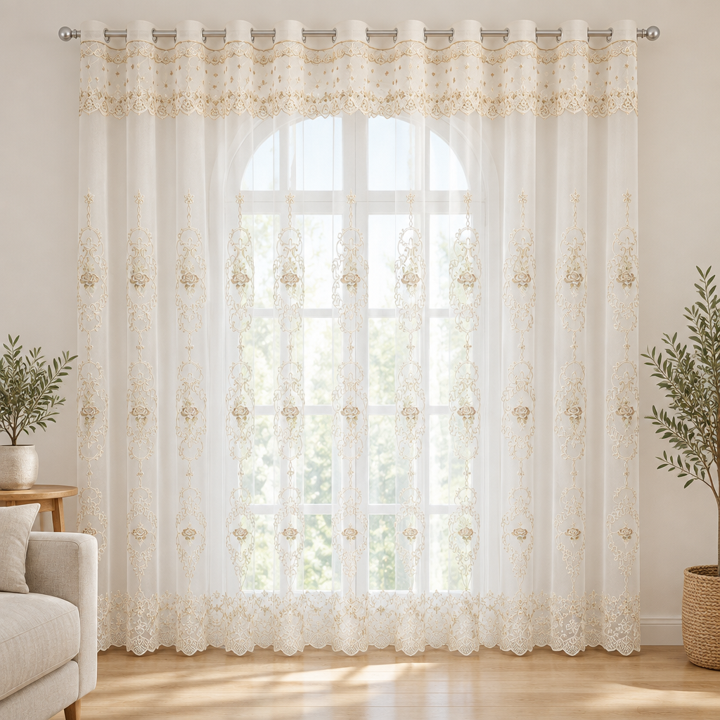 Elyvia Embroidered Classic Sheer Lace Curtain in white with champagne embroidery, grommet top, across a tall window in a bright living room