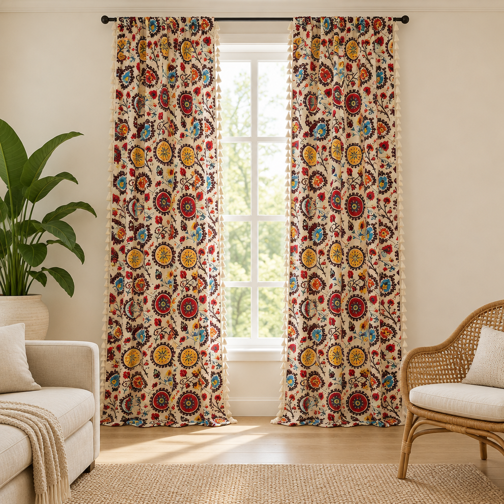 Boho color wheel bloom tassel curtains, multi-color suzani flowers on cream, framing a living room window