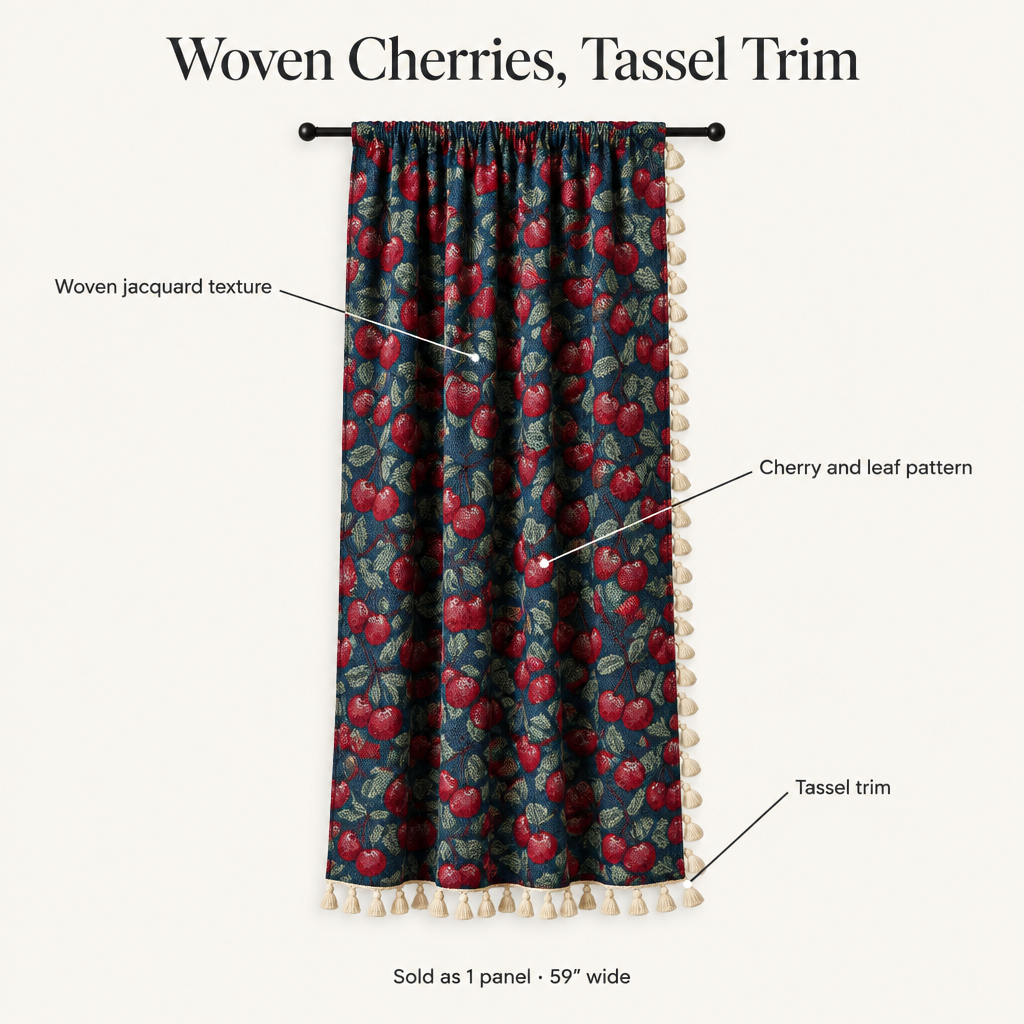 Cherry Bloom Botanical Tassel Curtain features — woven jacquard texture, cherry and leaf pattern, tassel trim, sold as 1 panel 59 inches wide