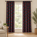 Cherry Bloom Botanical Tassel Curtain — navy jacquard panels with red cherries, green leaves and cream tassel trim on a living room window