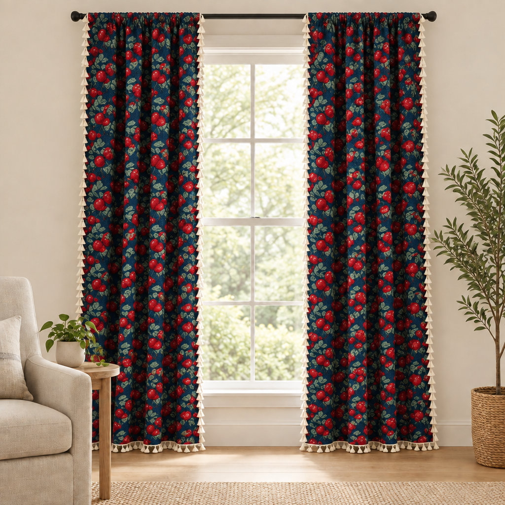 Cherry Bloom Botanical Tassel Curtain — navy jacquard panels with red cherries, green leaves and cream tassel trim on a living room window