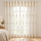 Elyvia sheer lace curtain glowing with morning sunlight in a calm bedroom