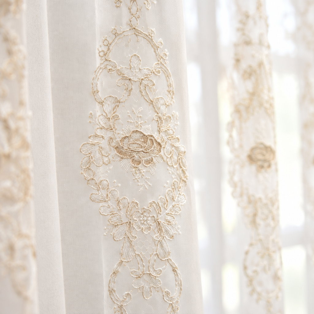 Close-up of the embroidered rose medallion on the Elyvia sheer tulle curtain