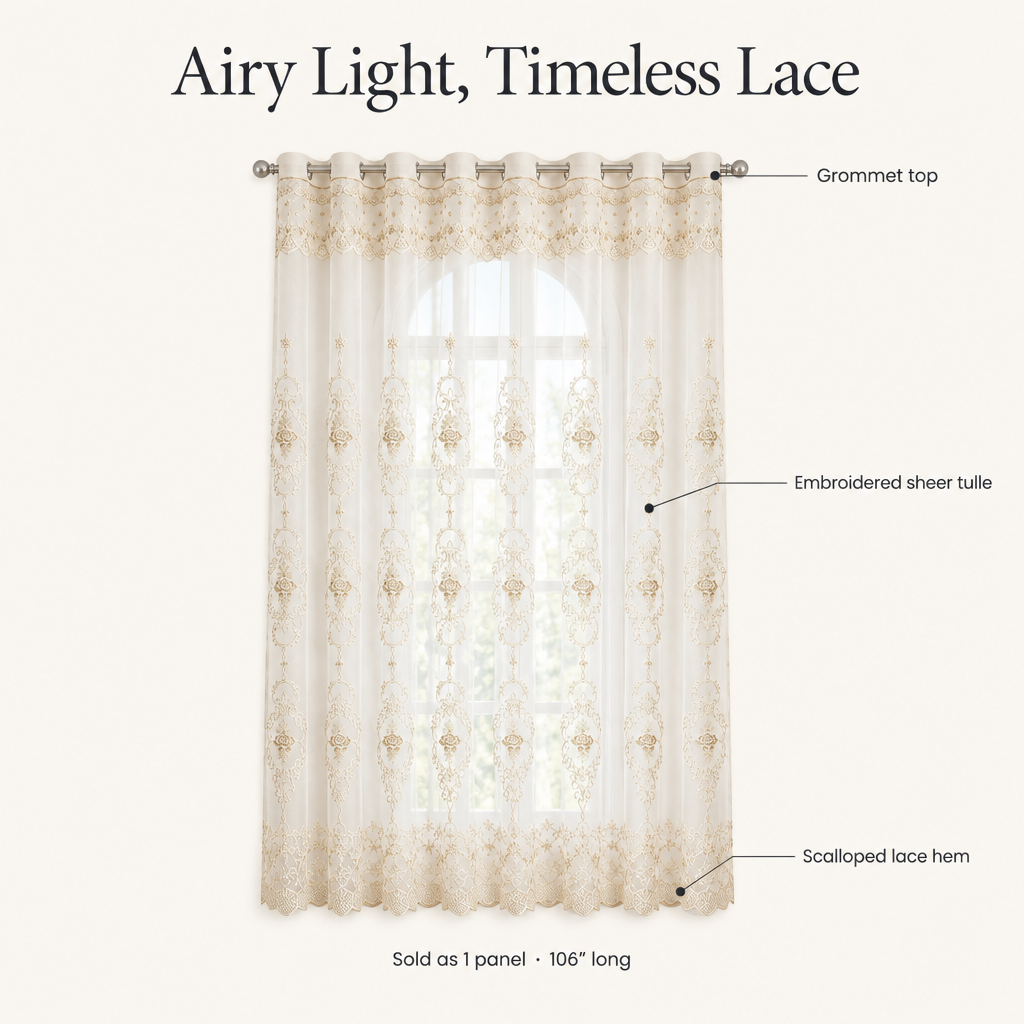 Elyvia Embroidered Classic Sheer Lace Curtain features: grommet top, embroidered sheer tulle, scalloped lace hem, sold as 1 panel 106 inches long
