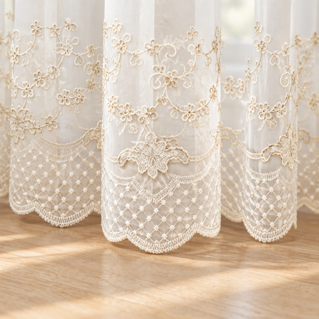 Close-up of the scalloped embroidered lace hem on the Elyvia sheer curtain