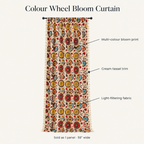 Color wheel bloom curtain features: multi-color bloom print, cream tassel trim, light-filtering fabric, sold as 1 panel 59 inches wide
