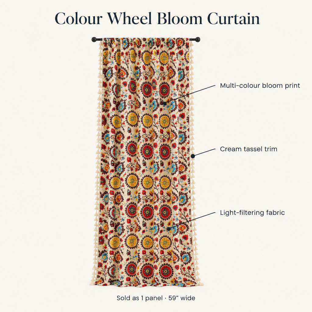 Color wheel bloom curtain features: multi-color bloom print, cream tassel trim, light-filtering fabric, sold as 1 panel 59 inches wide