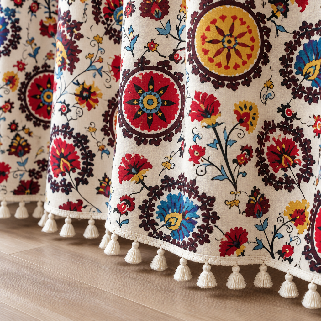 Hem of the color wheel bloom curtain with cream tassel trim