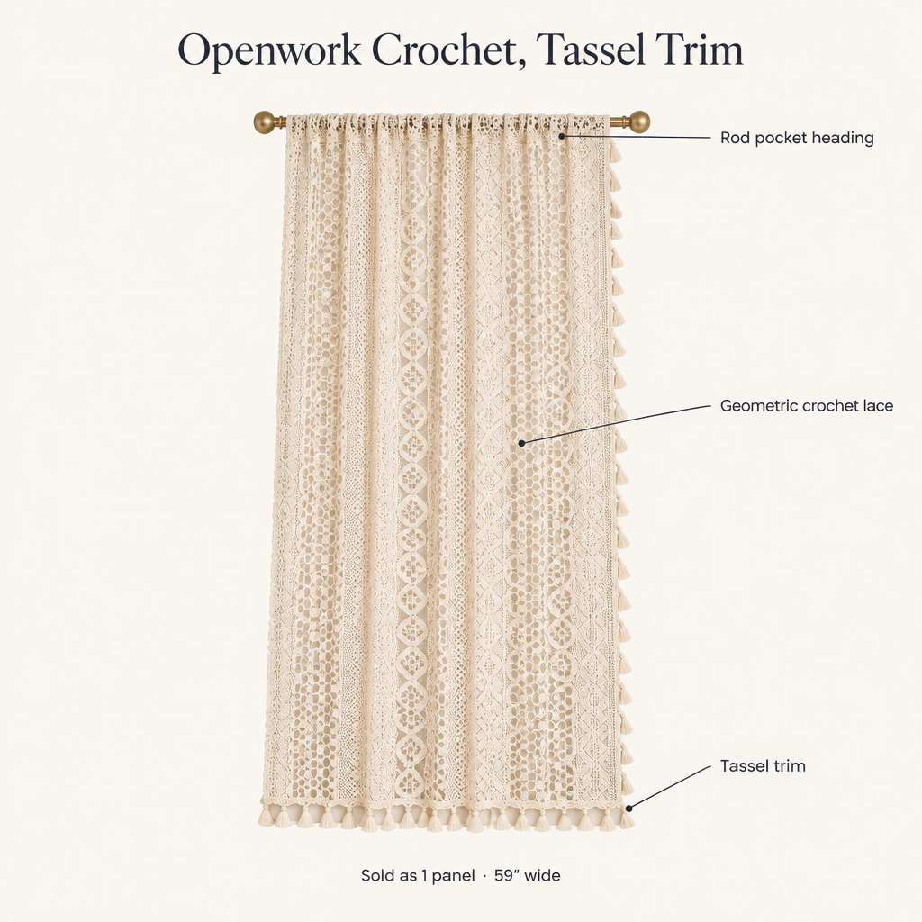Chic Bohemian Crochet Curtain features — rod pocket heading, geometric crochet lace, tassel trim, sold as 1 panel 59 inches wide