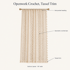 Chic Bohemian Crochet Curtain features — rod pocket heading, geometric crochet lace, tassel trim, sold as 1 panel 59 inches wide