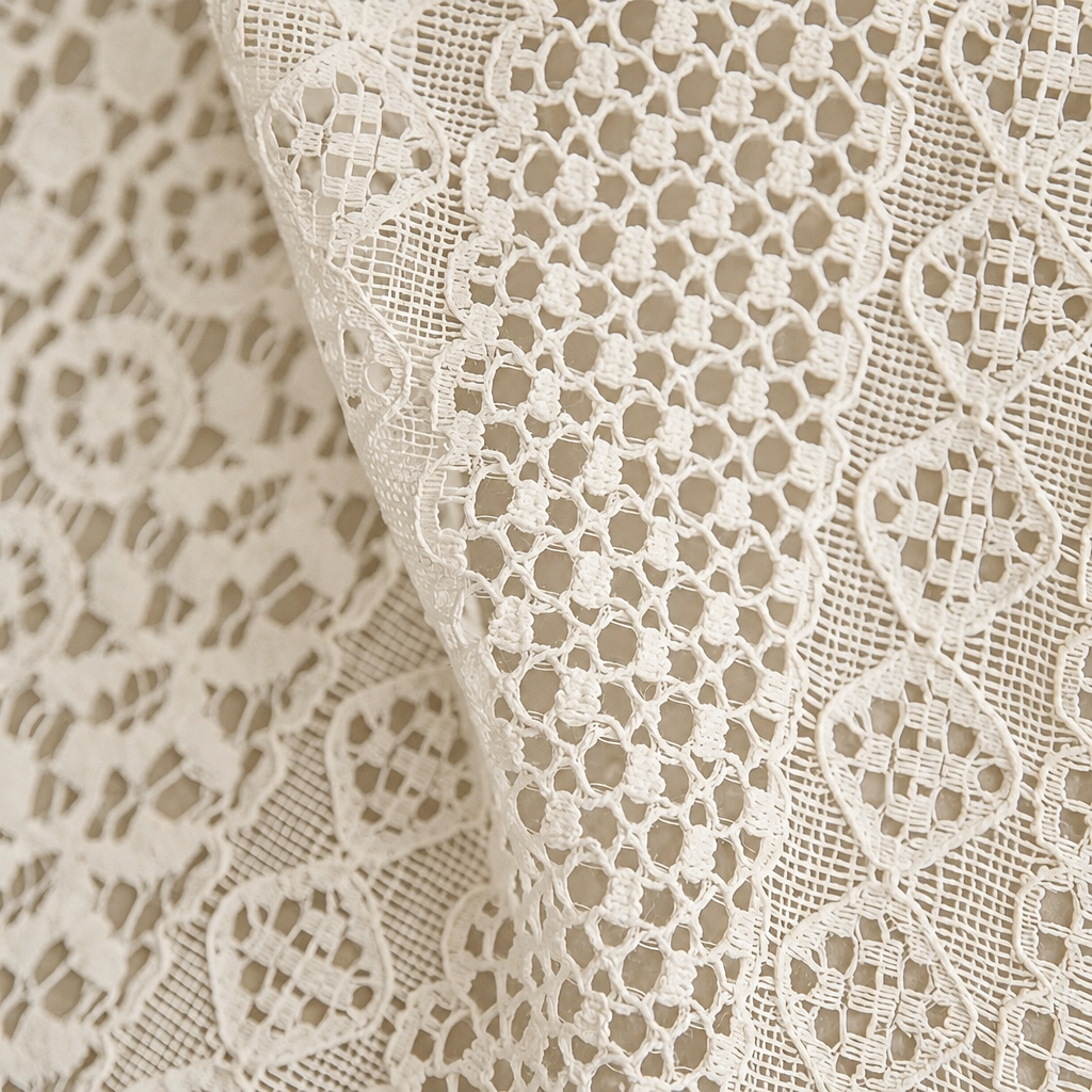Chic Bohemian Crochet Curtain — close-up of cream crochet lace with ring, diamond and lattice motifs