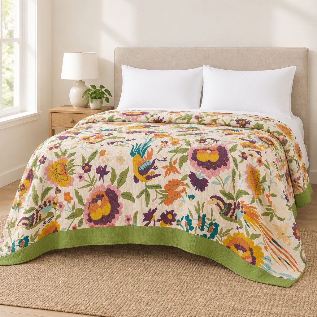 Soft Blossom Breeze Coverlet – blossom print coverlet with green border on a made queen bed in a bright bedroom