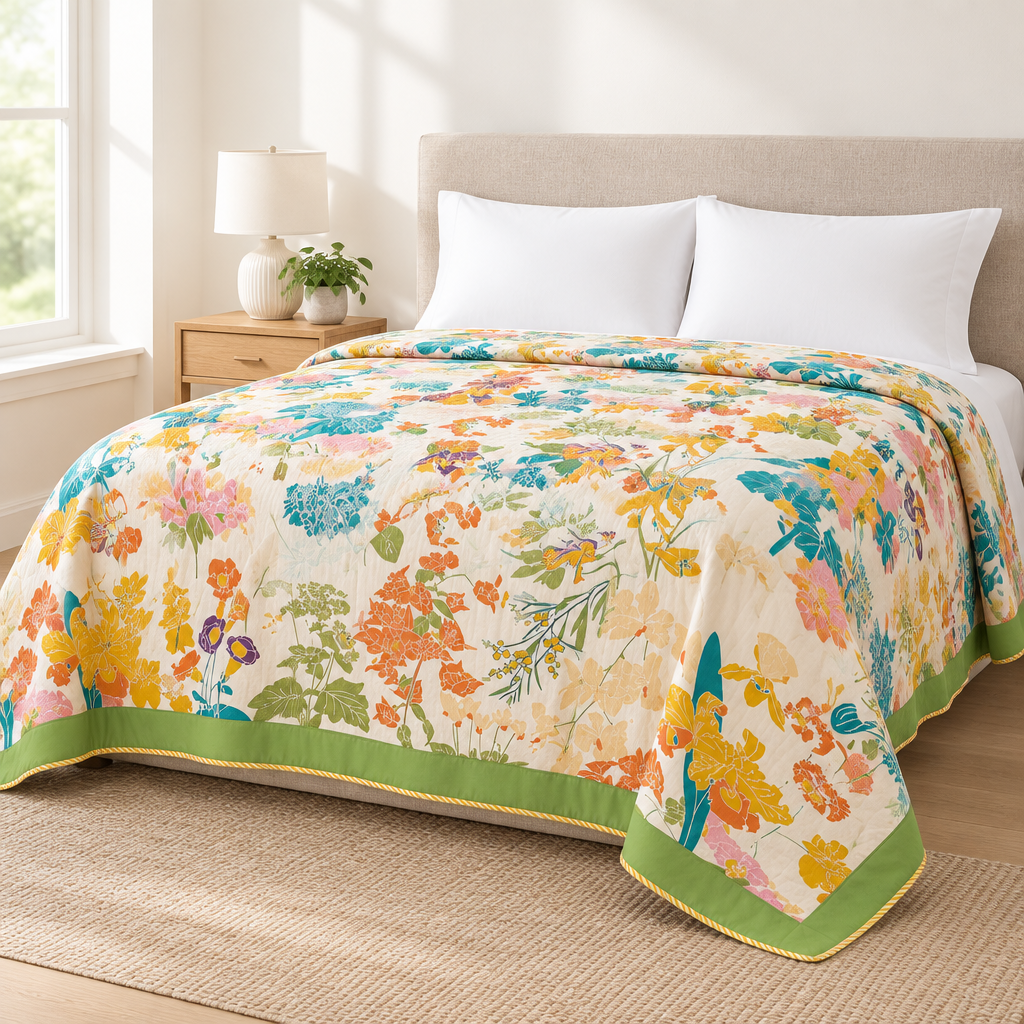 Blossom Bay Breathable Cotton Coverlet – botanical print coverlet with green border on a made queen bed