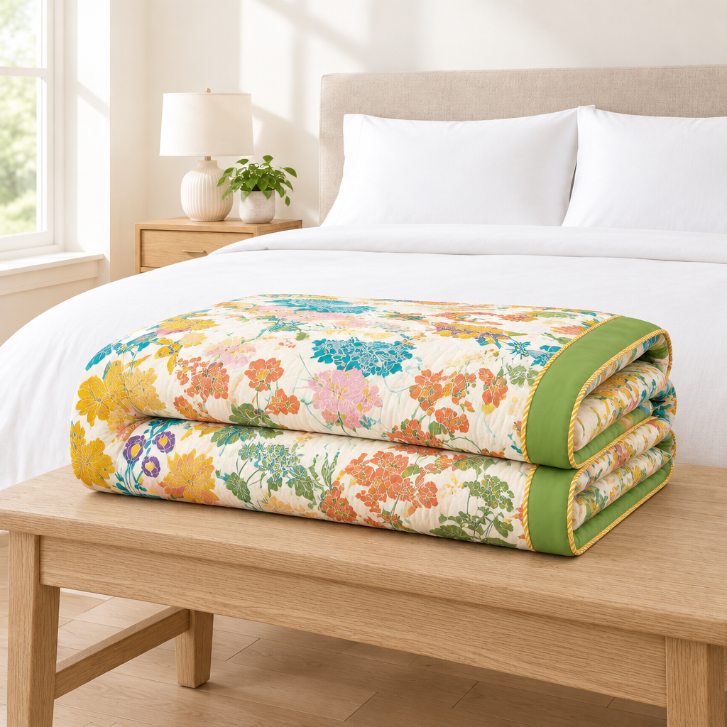 Blossom Bay Breathable Cotton Coverlet – folded on a bench at the foot of the bed