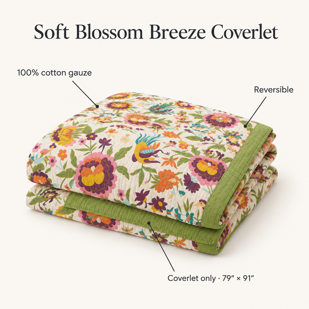 Soft Blossom Breeze Coverlet – 100% cotton gauze, reversible, coverlet only 79 x 91 inches