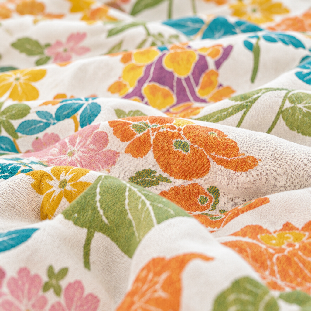 Blossom Bay Breathable Cotton Coverlet – close-up of the botanical print and cotton texture
