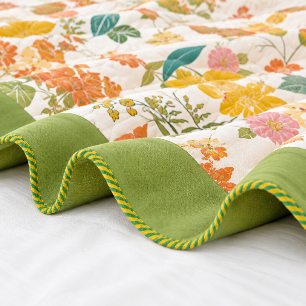 Blossom Bay Breathable Cotton Coverlet – close-up of the green border and striped bound edge