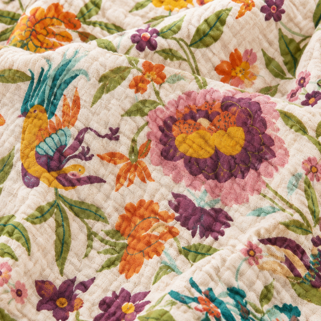 Soft Blossom Breeze Coverlet – close-up of the blossom print and cotton gauze texture