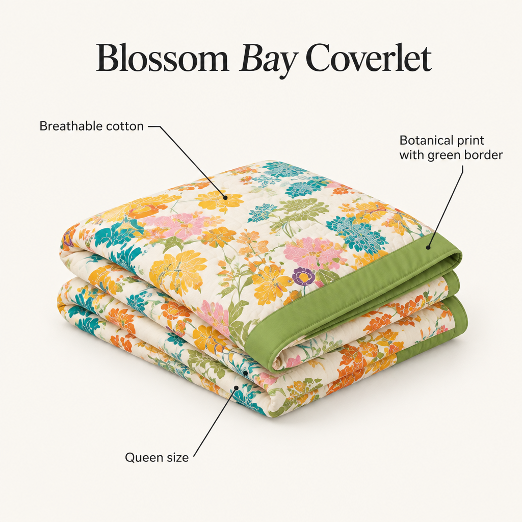 Blossom Bay Breathable Cotton Coverlet – breathable cotton, botanical print with green border, queen size