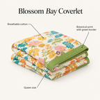 Blossom Bay Breathable Cotton Coverlet – breathable cotton, botanical print with green border, queen size