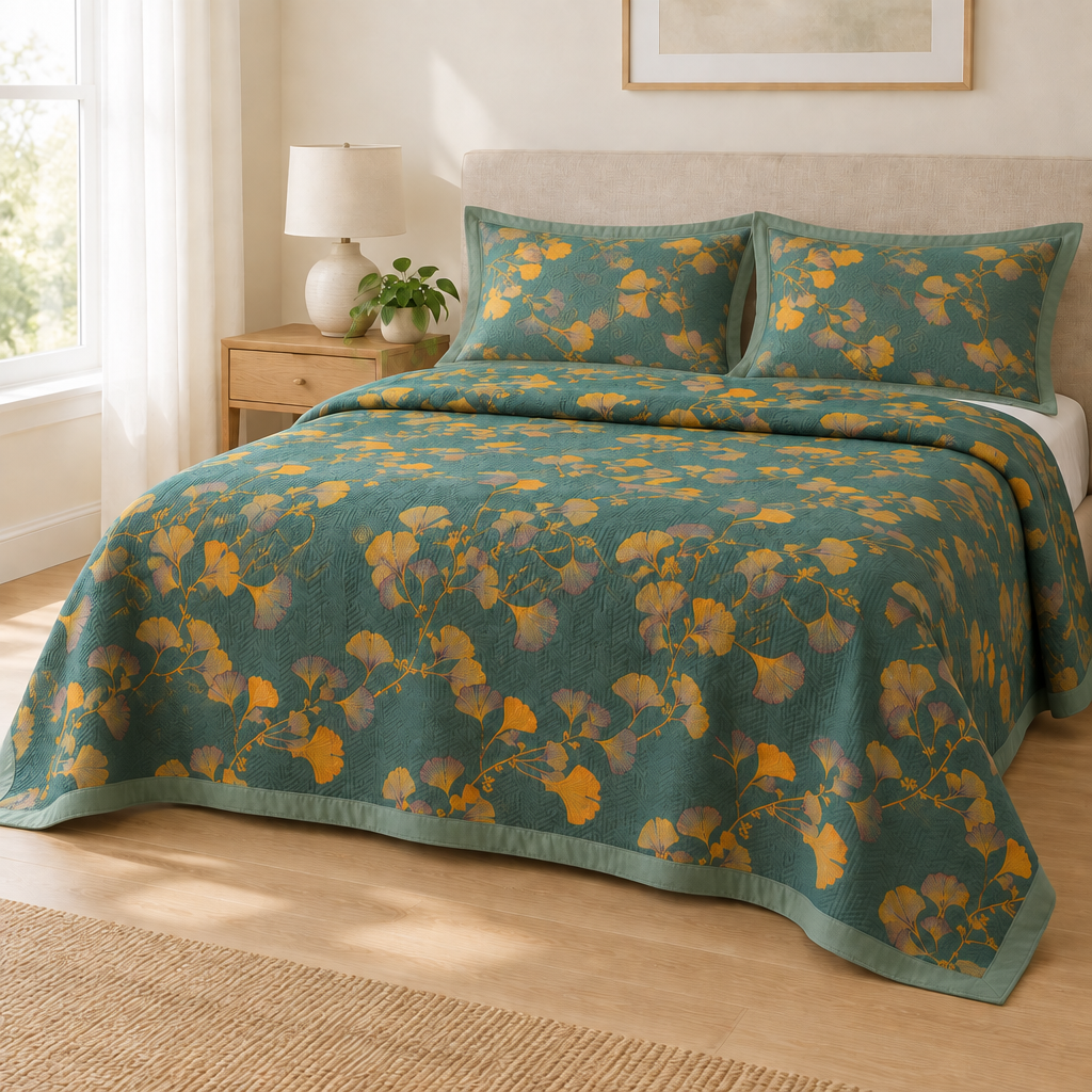 Jacquard Floral Ginkgo Leaves Reversible Coverlet – on a made bed with matching jacquard pillowcases