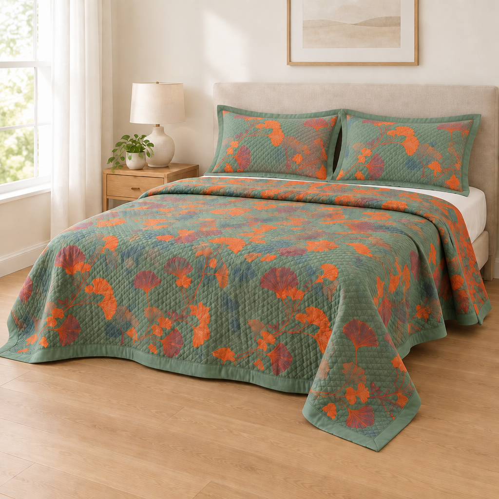 Ginkgo Orange Leaf Floral Pattern Coverlet – on a made bed with matching ginkgo leaf pillowcases