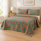 Ginkgo Orange Leaf Floral Pattern Coverlet – on a made bed with matching ginkgo leaf pillowcases