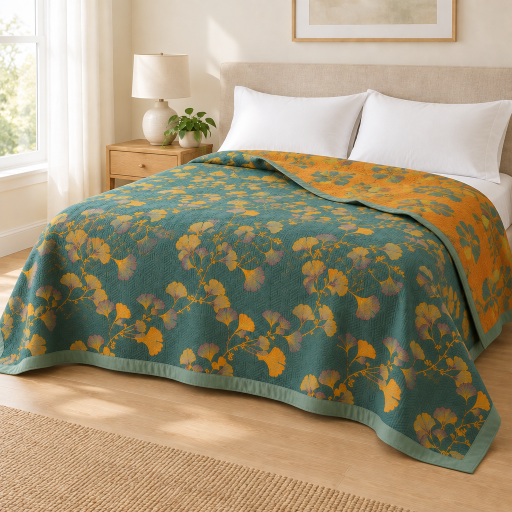 Jacquard Floral Ginkgo Leaves Reversible Coverlet – folded back to show the orange-gold reverse side