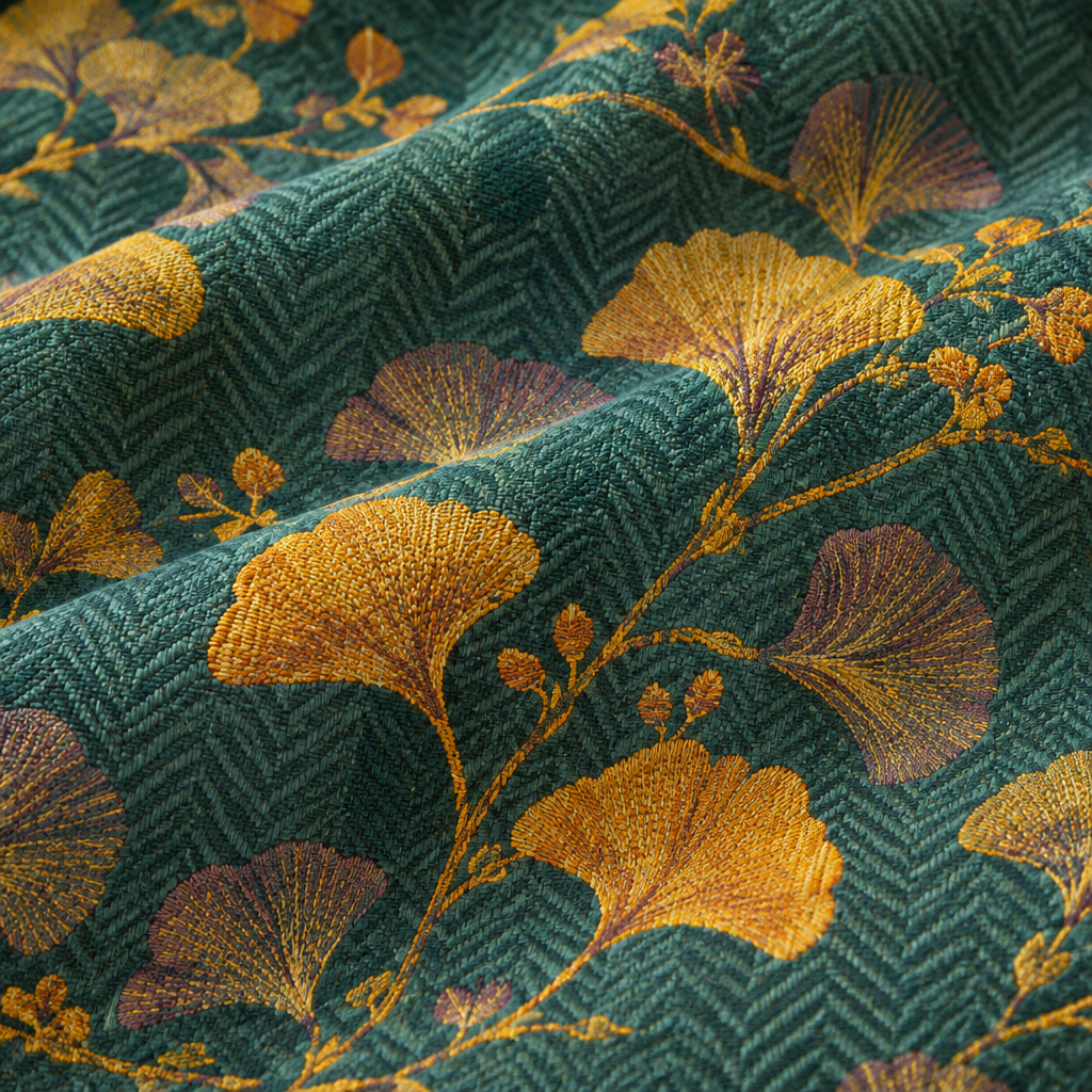 Jacquard Floral Ginkgo Leaves Reversible Coverlet – close-up of the woven jacquard ginkgo leaves and herringbone texture