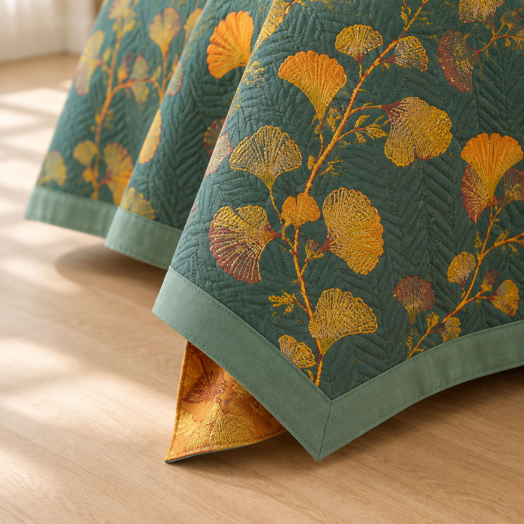 Jacquard Floral Ginkgo Leaves Reversible Coverlet – close-up of the sage green border and reverse side at the corner