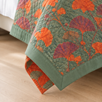 Ginkgo Orange Leaf Floral Pattern Coverlet – close-up of the sage green border edge finishing