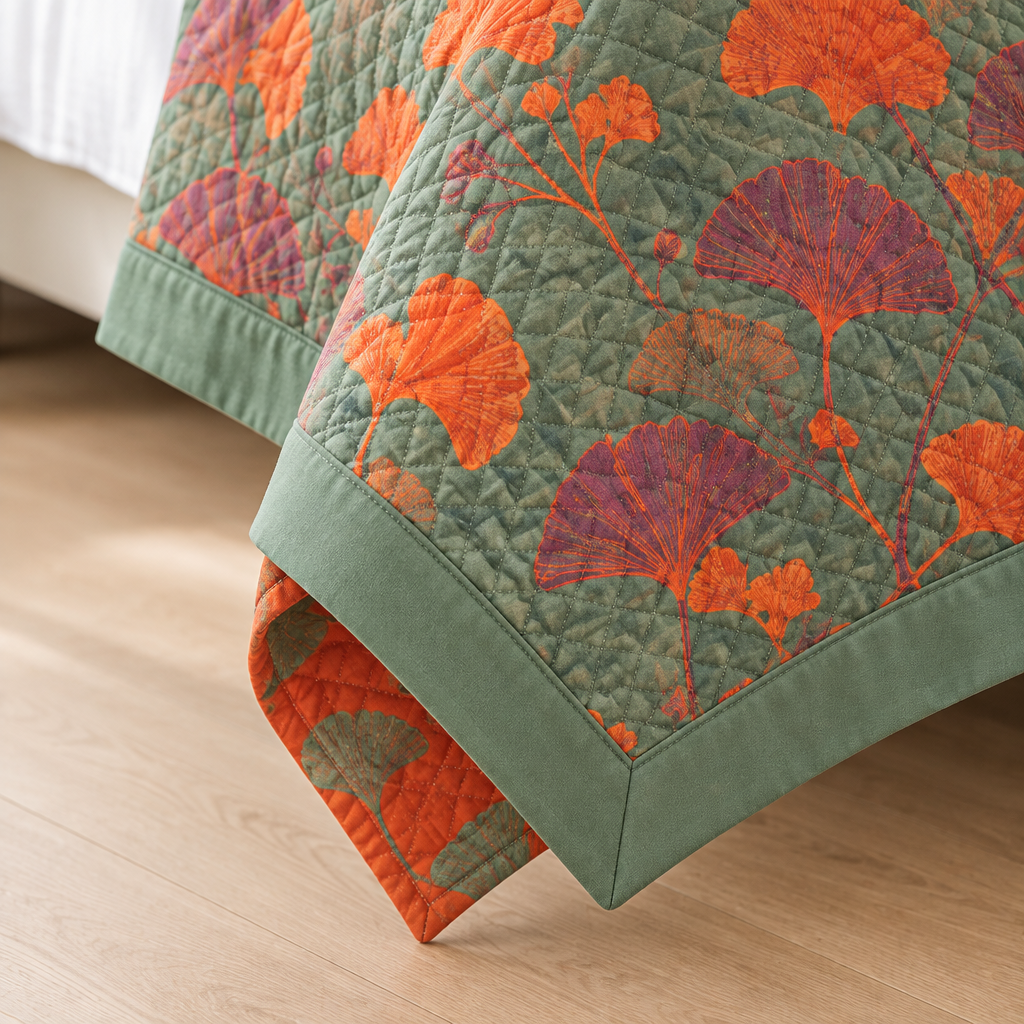 Ginkgo Orange Leaf Floral Pattern Coverlet – close-up of the sage green border edge finishing